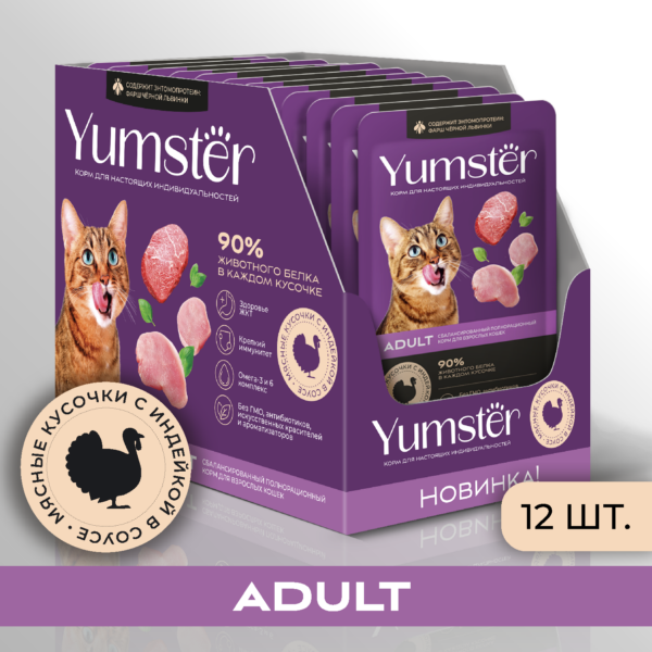 Влажный корм для взрослых кошек Мясные кусочки с индейкой в соусе - Yumster 1 12 1