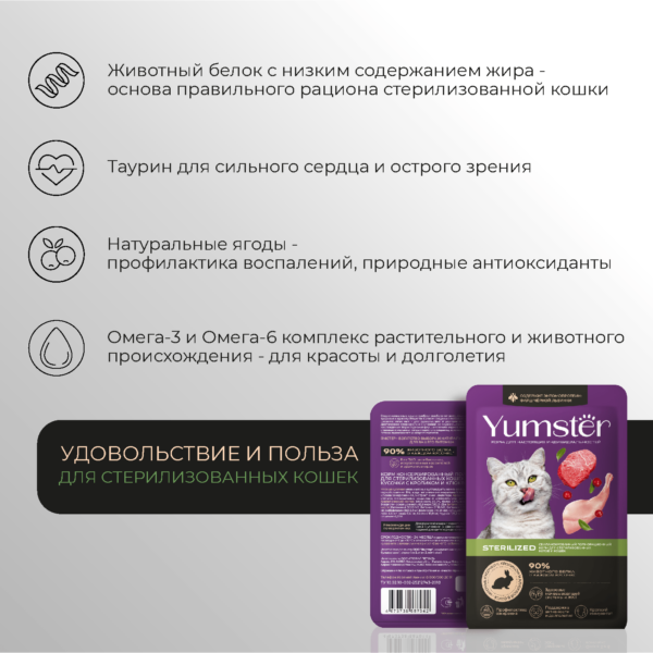 Влажный корм для взрослых стерилизованных кошек Мясные кусочки с кроликом и добавлением клюквы в соусе - Yumster 4 4